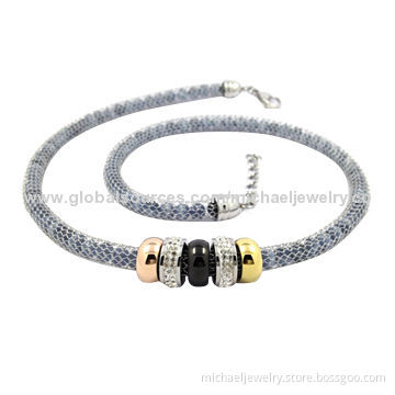 Stainless steel necklaces, gray opal beads and crystal PP stones, gold, rose gold and black plating